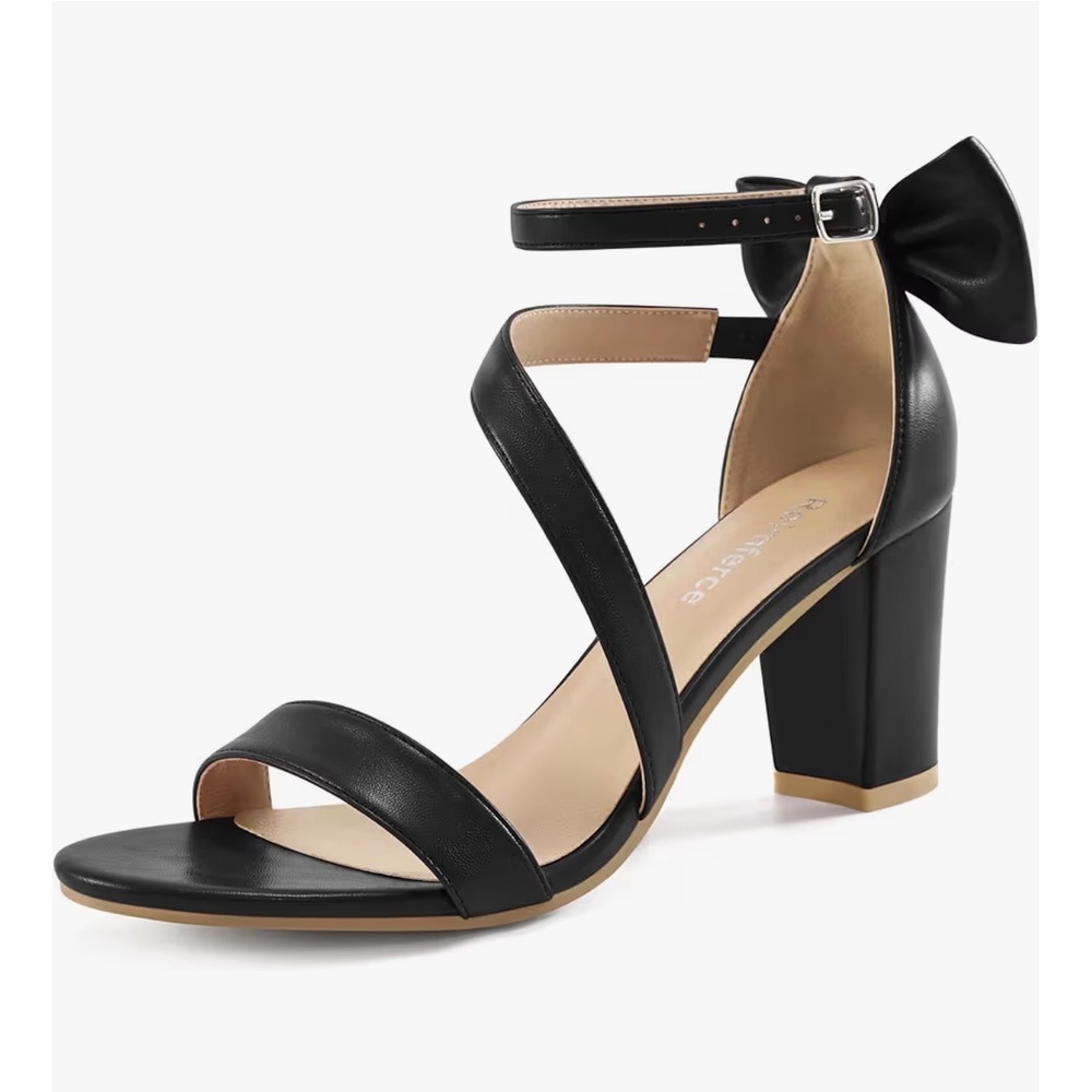 Reimferce Black Bow Block Heel Sandals Ankle Strap Open Toe Size 9 Dress Shoes